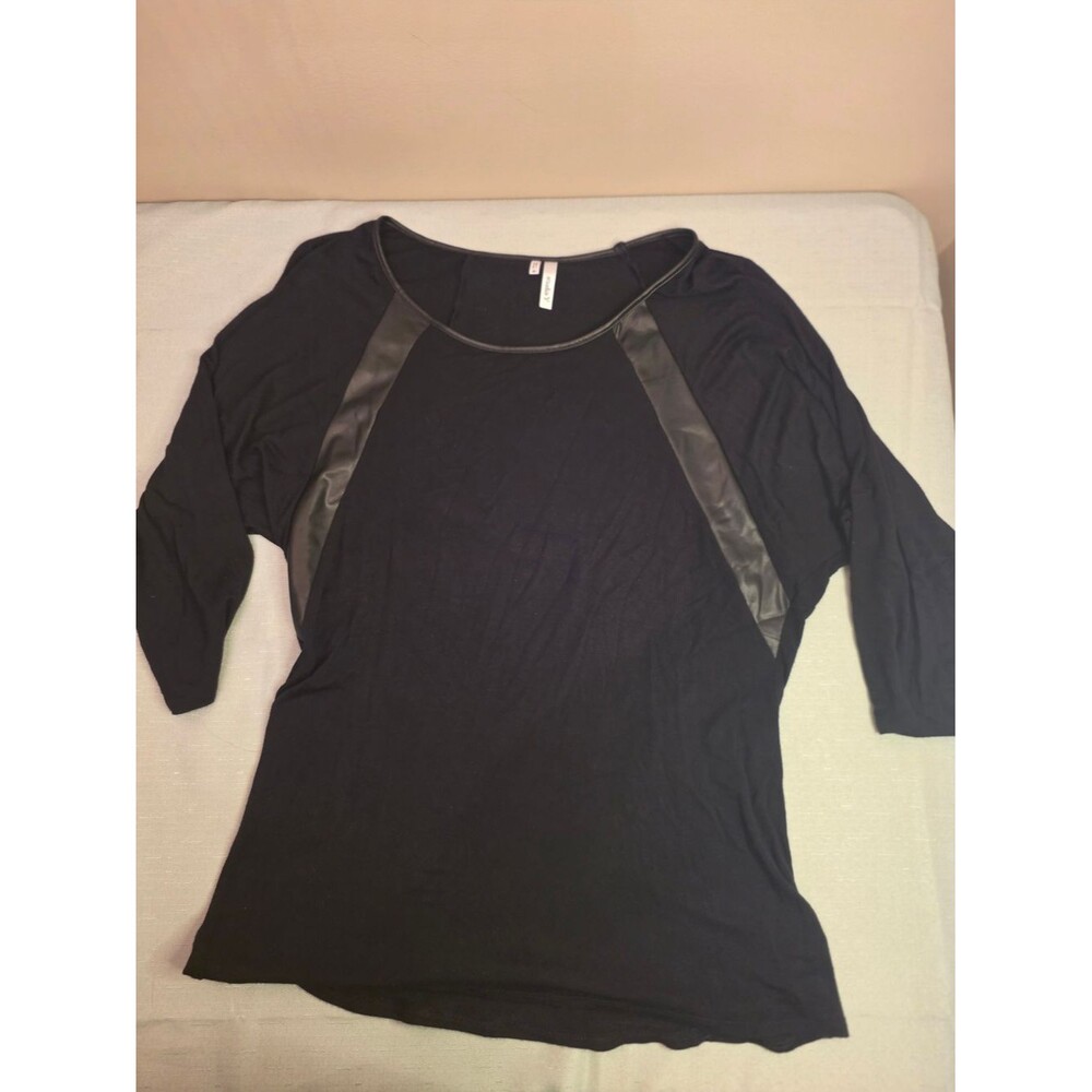 Studio Y Black Scoop-Neck Top with Faux-Leather Insets Size M